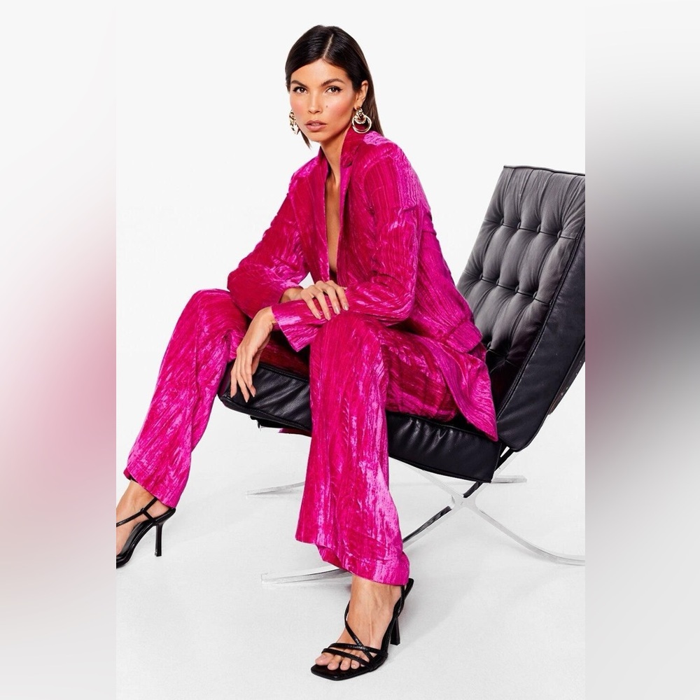 NWT. Nasty Gal Crushed Velvet Pink Blazer & High Waisted Wide Leg Pants